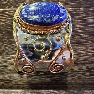 Artisan 2-Inch Wide Lapis Lazuli Cuff Bracelet, Adjustable‎ Mixed Metals, Gift R